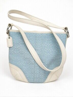 Coach Light Blue Signature Canvas Shoulder Bag with Cream Trim
